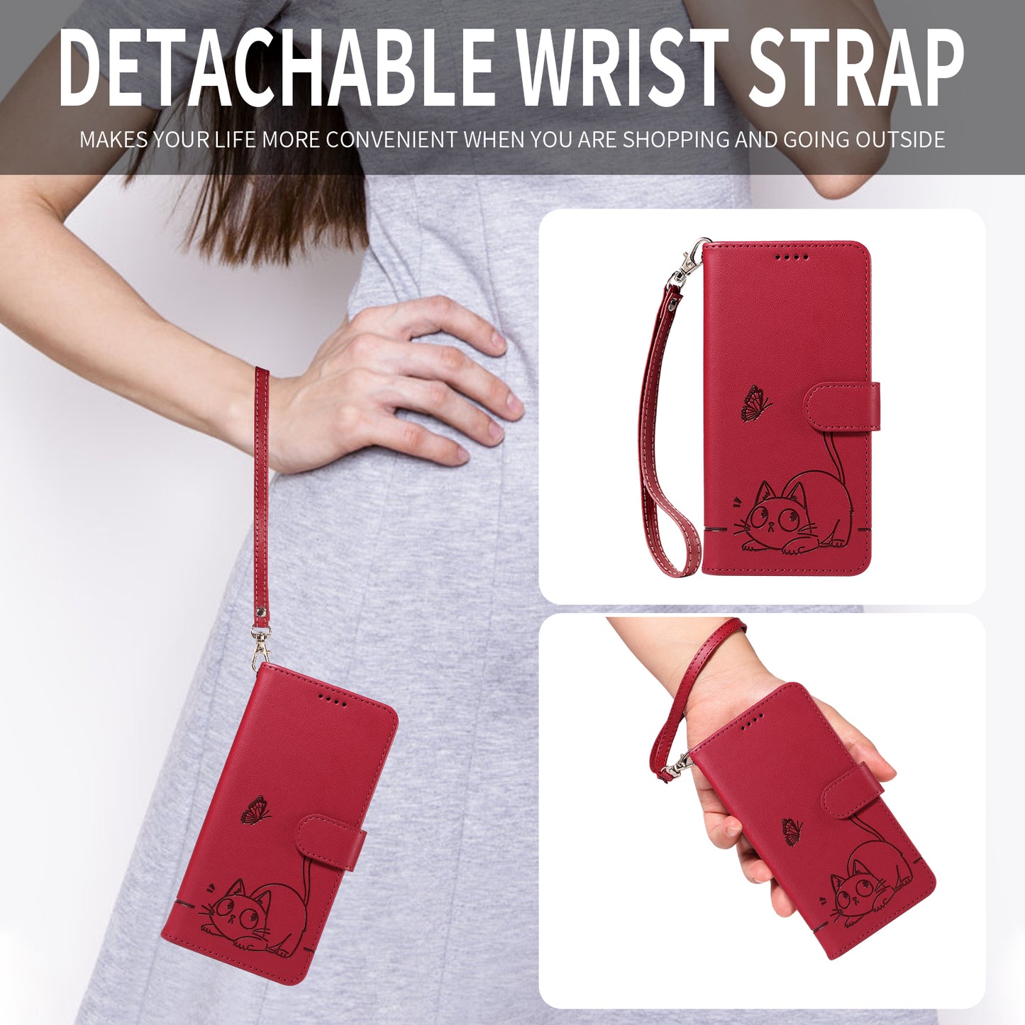 For iPhone 17 Pro Max Case Cat Pattern Imprint Leather Phone Cover with Wrist Strap - Red