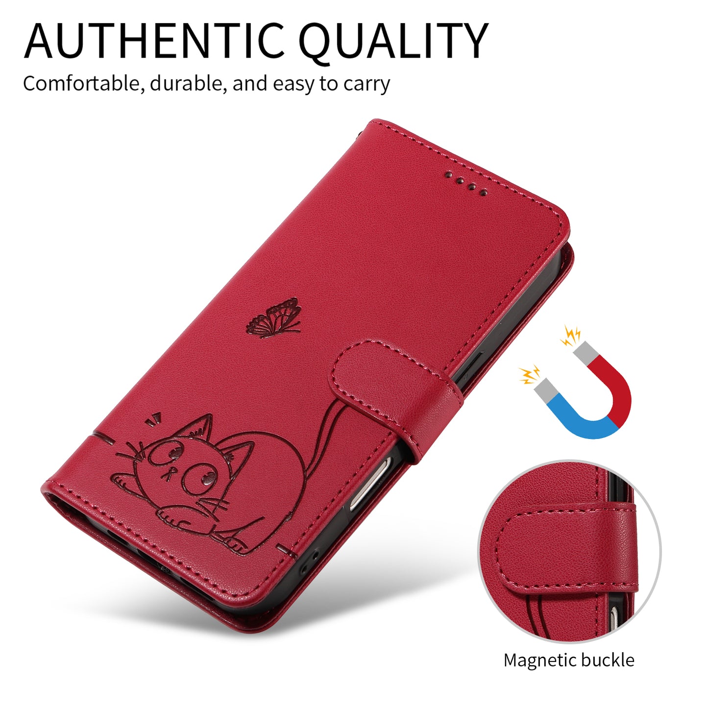 For iPhone 17 Pro Max Case Cat Pattern Imprint Leather Phone Cover with Wrist Strap - Red