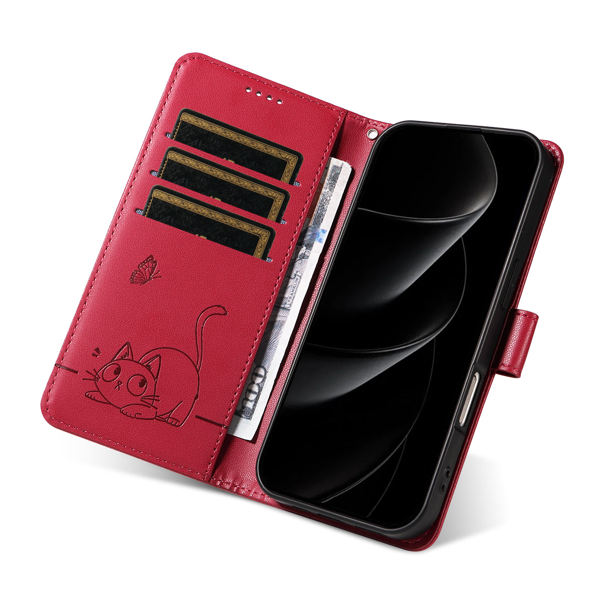 For iPhone 17 Pro Max Case Cat Pattern Imprint Leather Phone Cover with Wrist Strap - Red