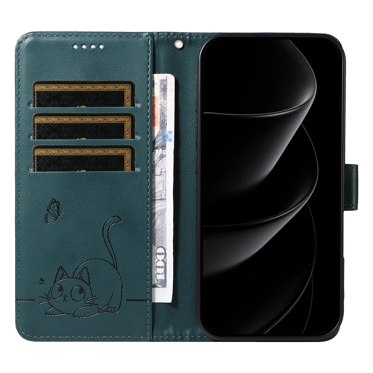 For iPhone 17 Pro Max Case Cat Pattern Imprint Leather Phone Cover with Wrist Strap - Blue