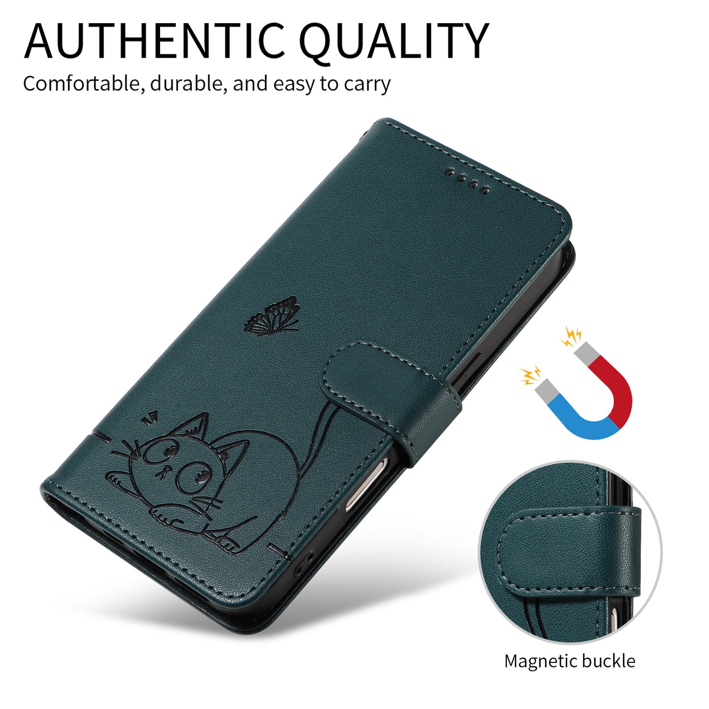For iPhone 17 Pro Max Case Cat Pattern Imprint Leather Phone Cover with Wrist Strap - Blue