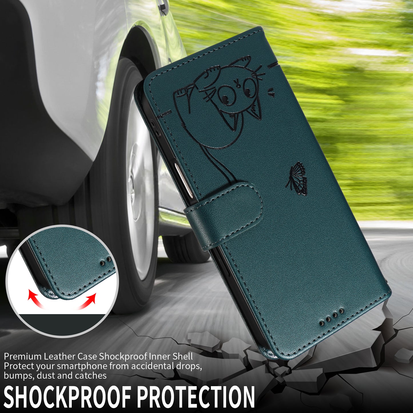 For iPhone 17 Pro Max Case Cat Pattern Imprint Leather Phone Cover with Wrist Strap - Blue