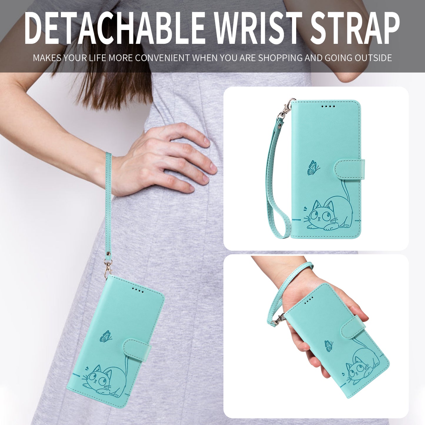 For iPhone 17 Pro Max Case Cat Pattern Imprint Leather Phone Cover with Wrist Strap - Green