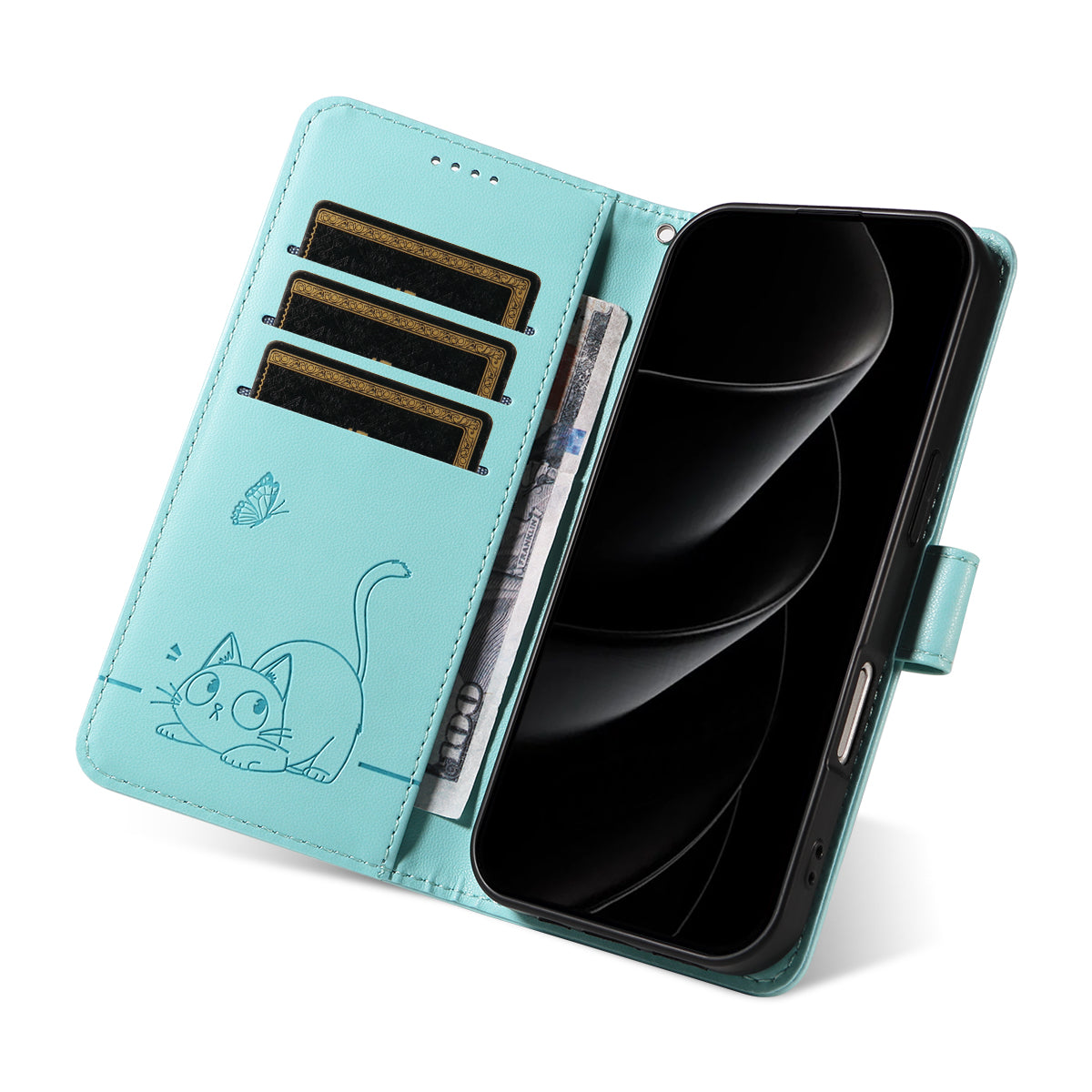 For iPhone 17 Pro Max Case Cat Pattern Imprint Leather Phone Cover with Wrist Strap - Green