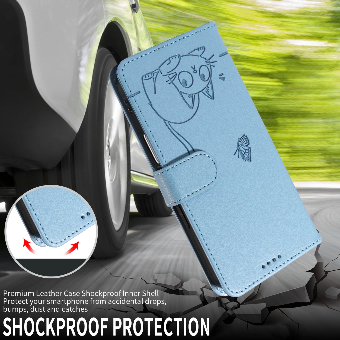 For iPhone 17 Pro Max Case Cat Pattern Imprint Leather Phone Cover with Wrist Strap - Sky Blue