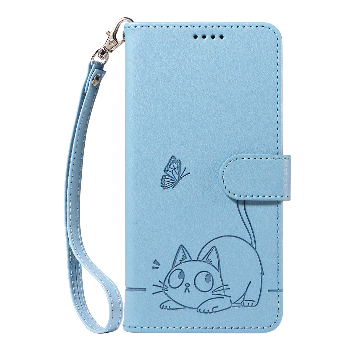 For iPhone 17 Pro Max Case Cat Pattern Imprint Leather Phone Cover with Wrist Strap - Sky Blue