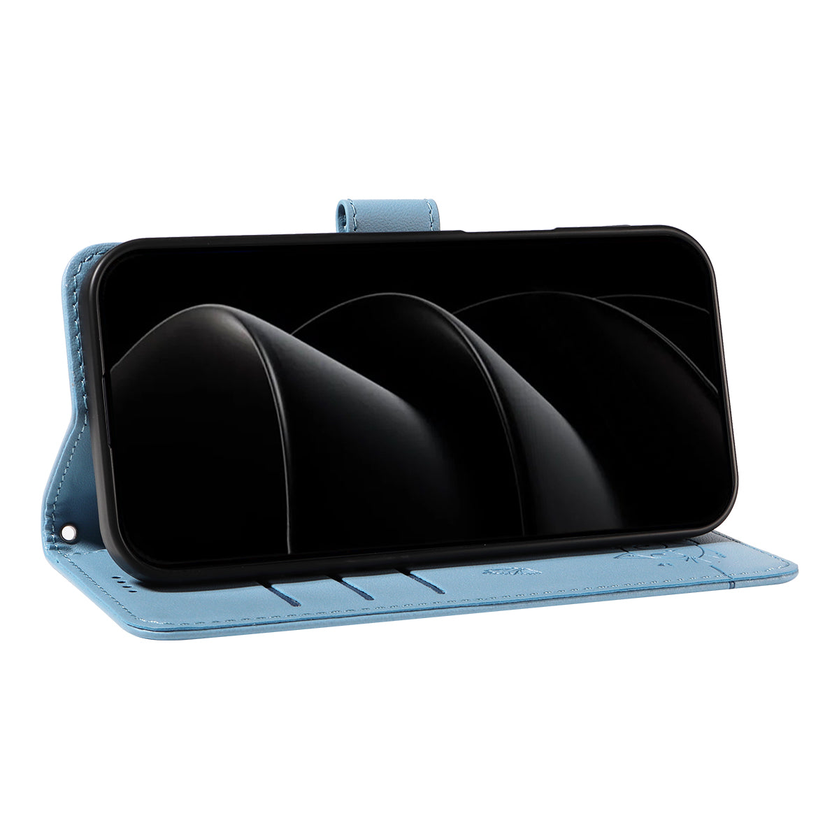 For iPhone 17 Pro Max Case Cat Pattern Imprint Leather Phone Cover with Wrist Strap - Sky Blue