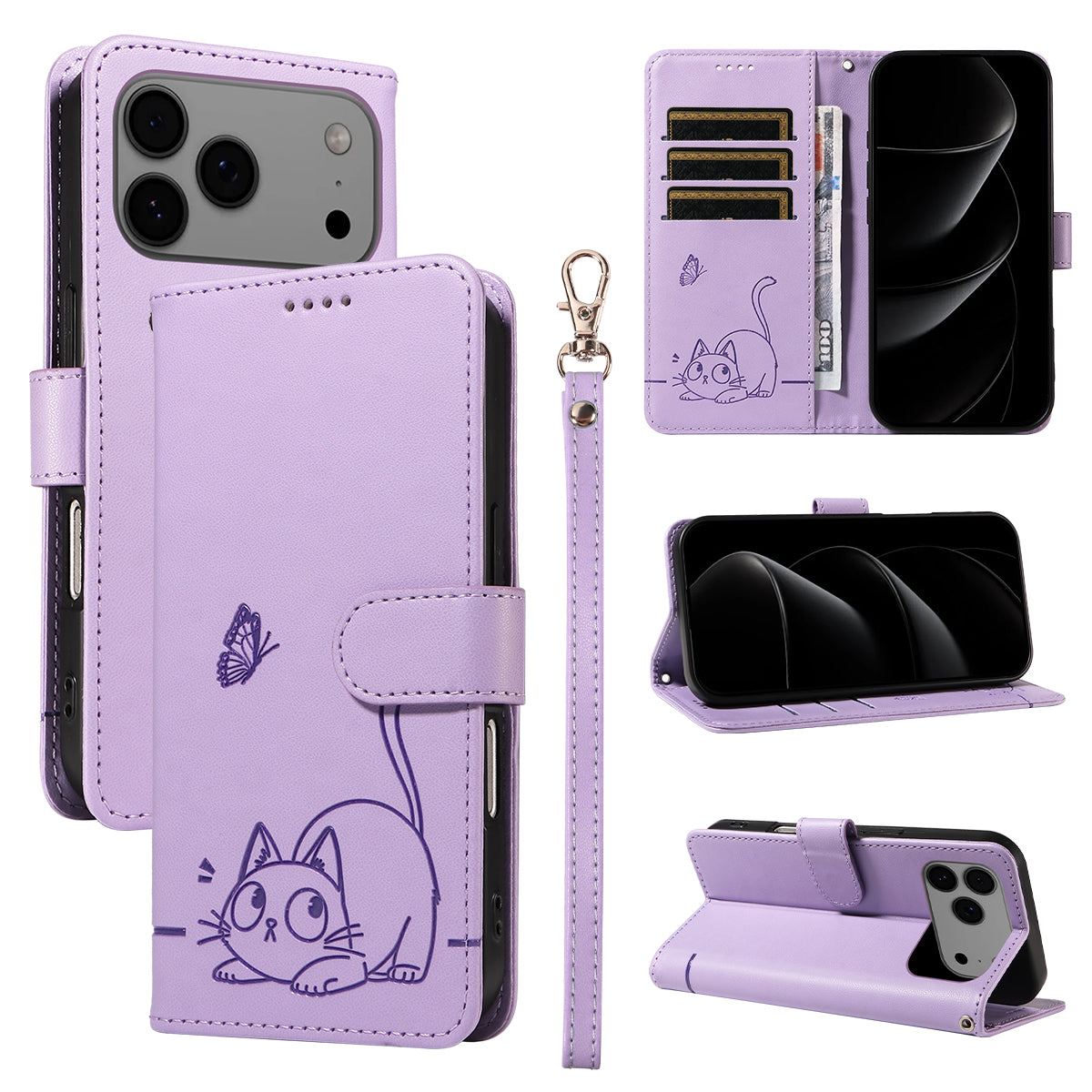 For iPhone 17 Pro Max Case Cat Pattern Imprint Leather Phone Cover with Wrist Strap - Purple