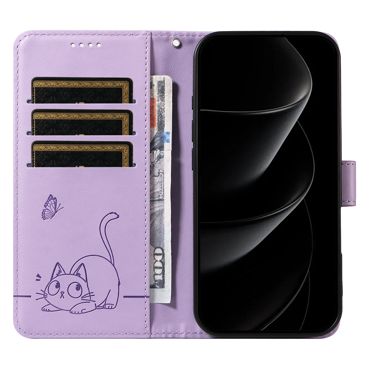 For iPhone 17 Pro Max Case Cat Pattern Imprint Leather Phone Cover with Wrist Strap - Purple