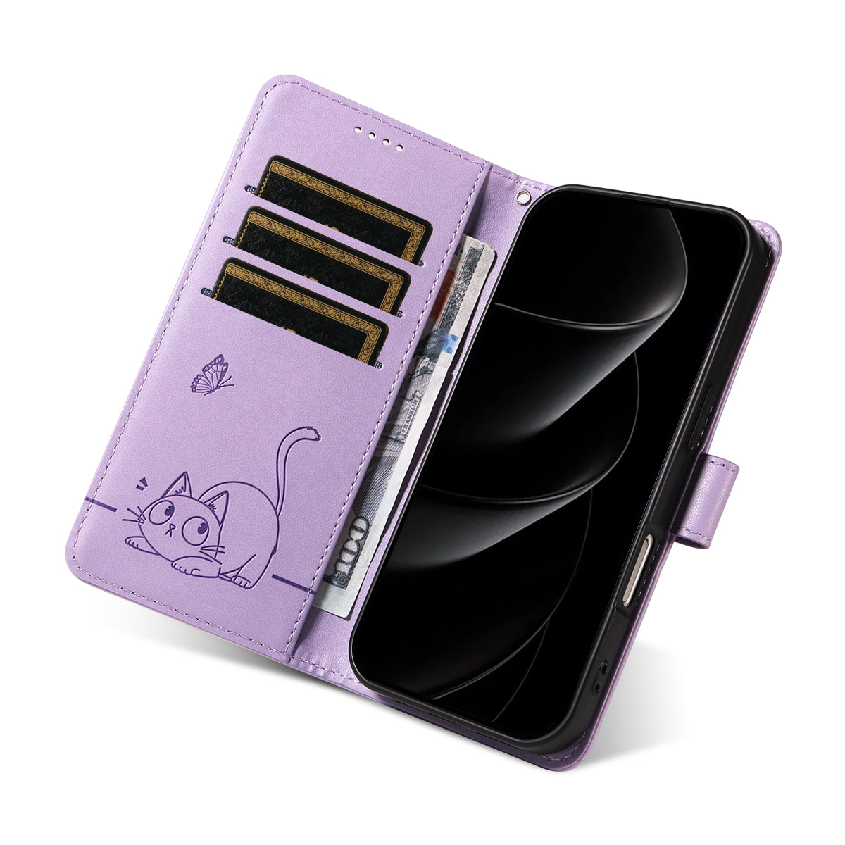 For iPhone 17 Pro Max Case Cat Pattern Imprint Leather Phone Cover with Wrist Strap - Purple