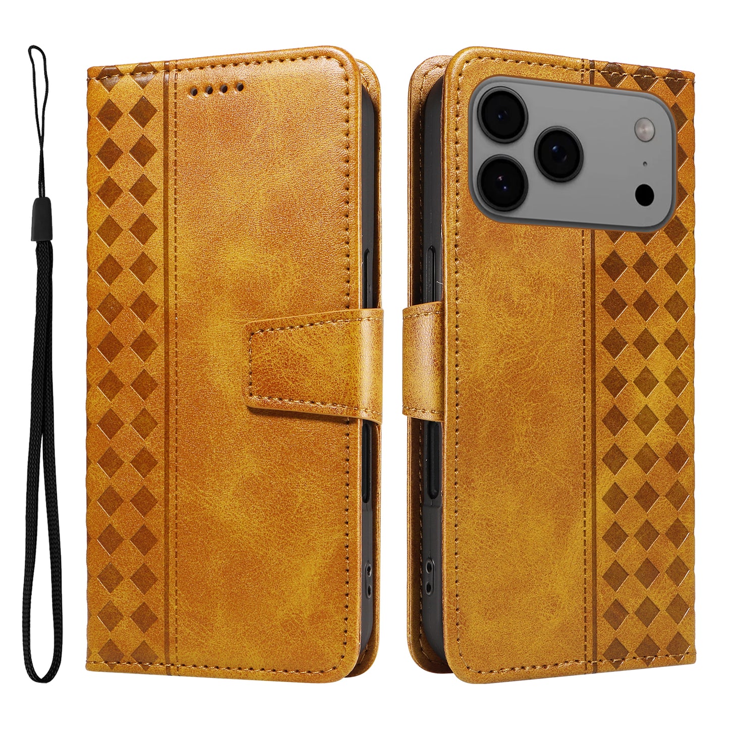 For iPhone 17 Pro Max Leather Case Wallet Stand Grids Imprinted Phone Cover with Strap - Yellow