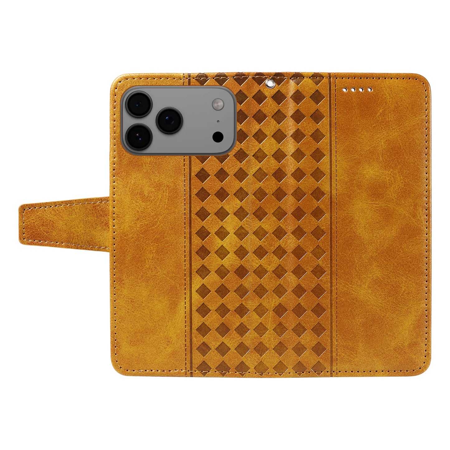 For iPhone 17 Pro Max Leather Case Wallet Stand Grids Imprinted Phone Cover with Strap - Yellow