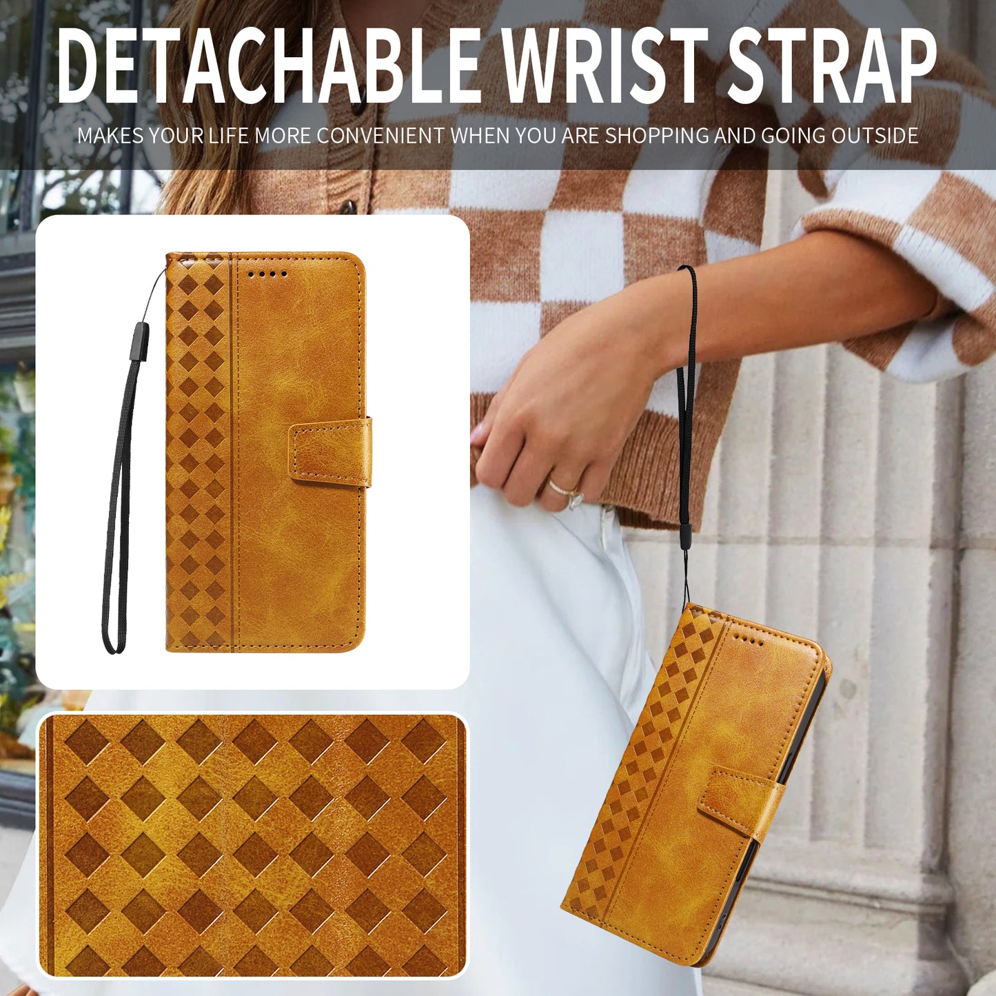 For iPhone 17 Pro Max Leather Case Wallet Stand Grids Imprinted Phone Cover with Strap - Yellow