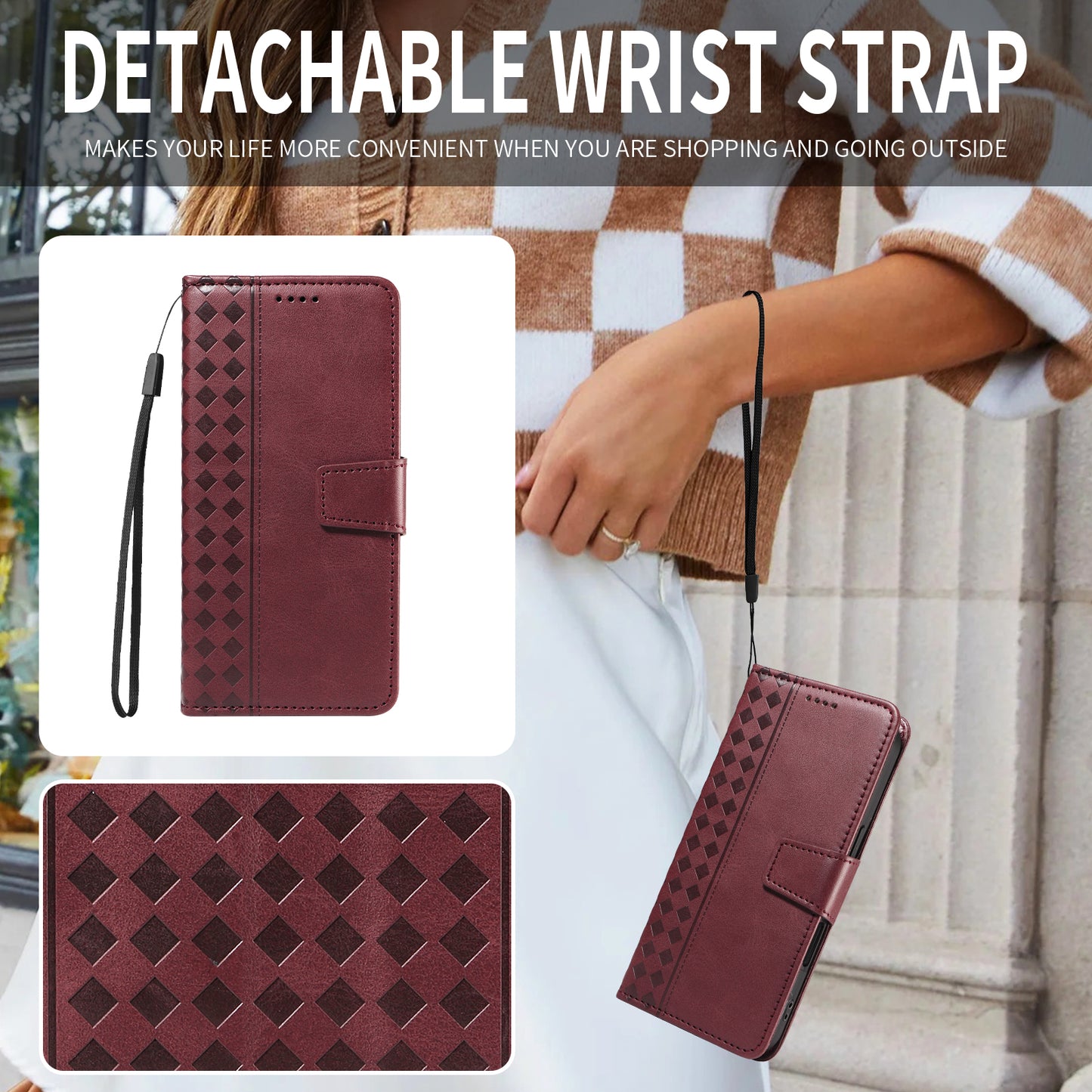 For iPhone 17 Pro Max Leather Case Wallet Stand Grids Imprinted Phone Cover with Strap - Wine Red