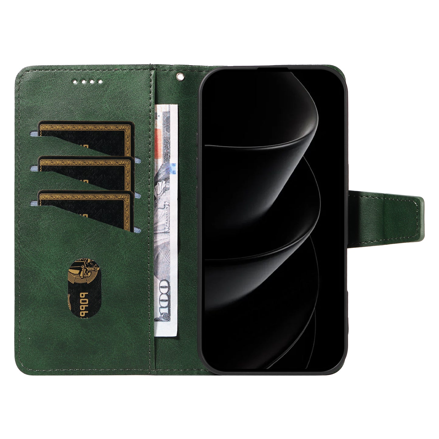 For iPhone 17 Pro Max Leather Case Wallet Stand Grids Imprinted Phone Cover with Strap - Green