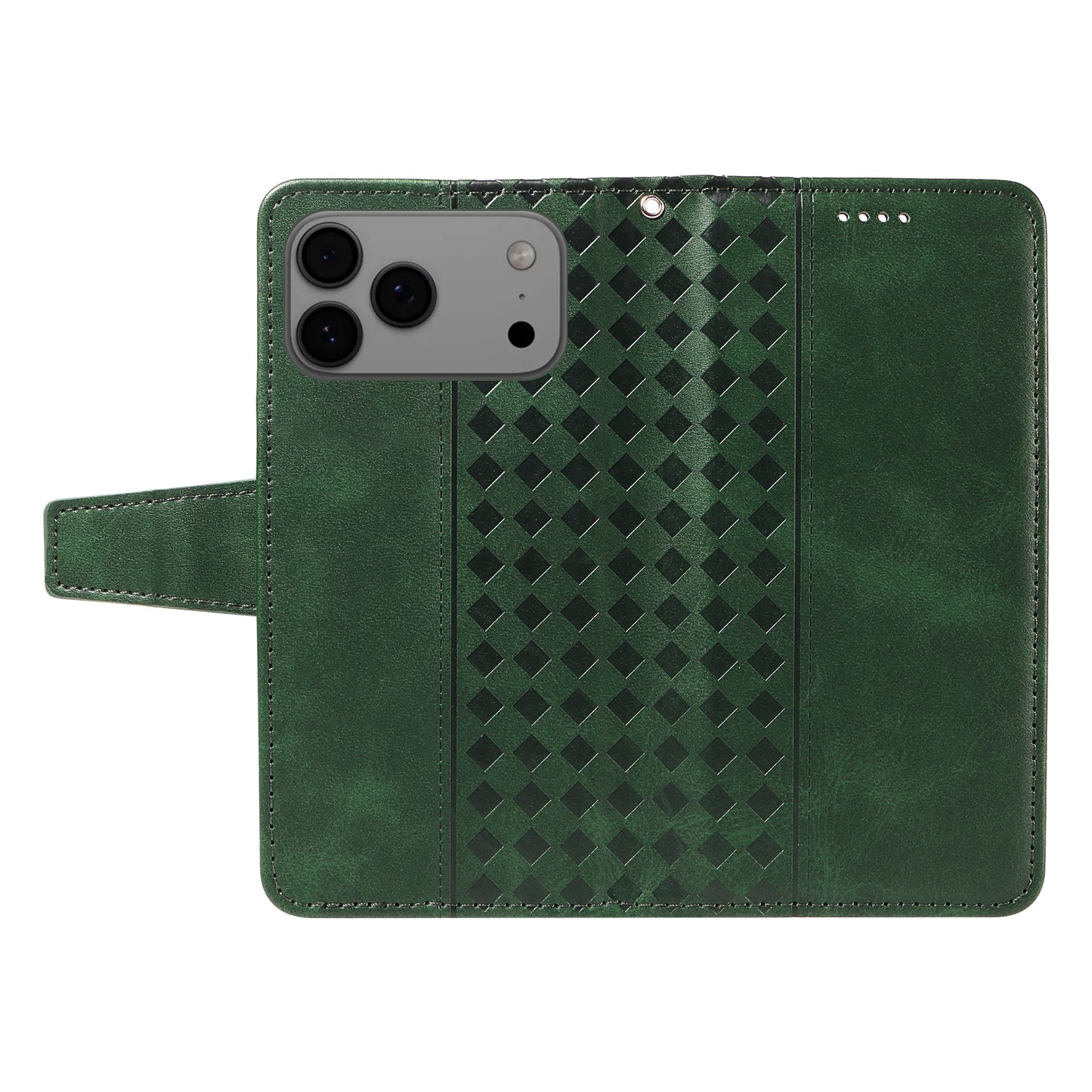 For iPhone 17 Pro Max Leather Case Wallet Stand Grids Imprinted Phone Cover with Strap - Green