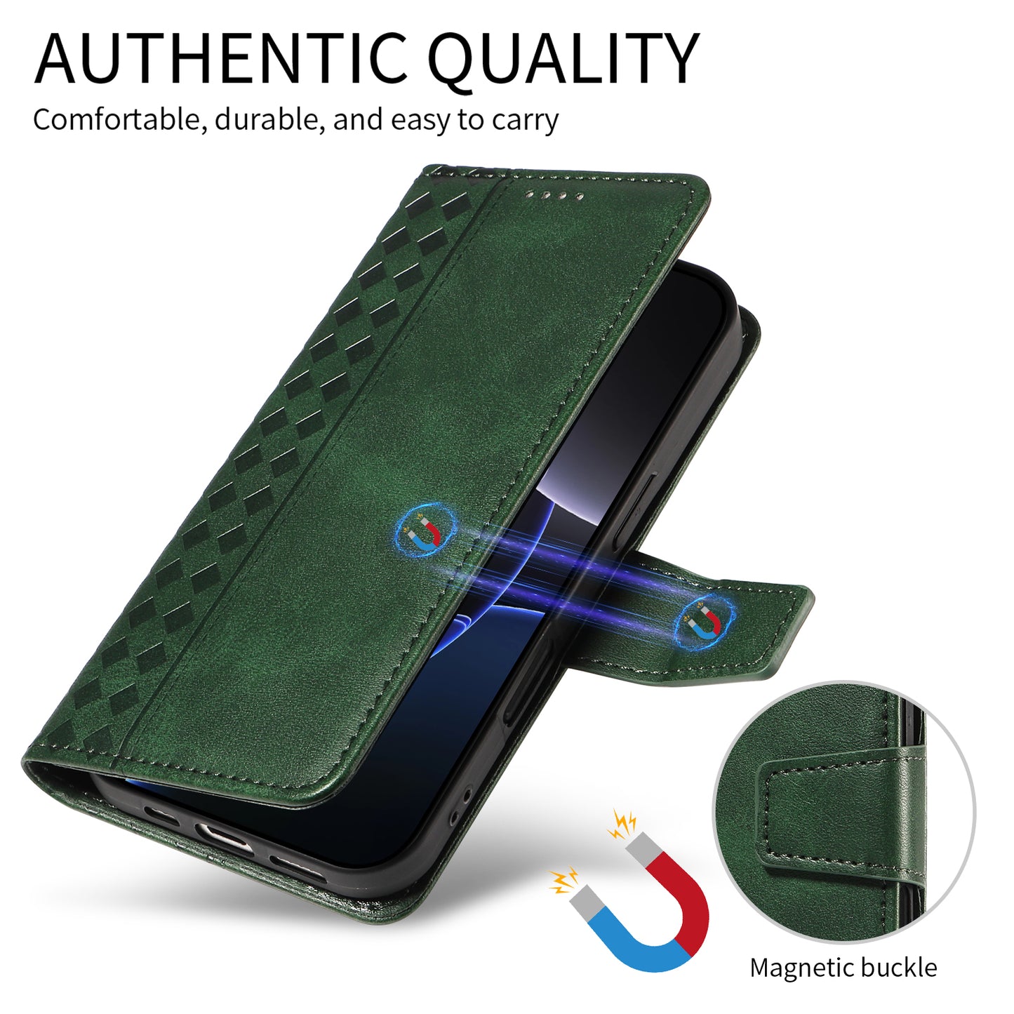 For iPhone 17 Pro Max Leather Case Wallet Stand Grids Imprinted Phone Cover with Strap - Green