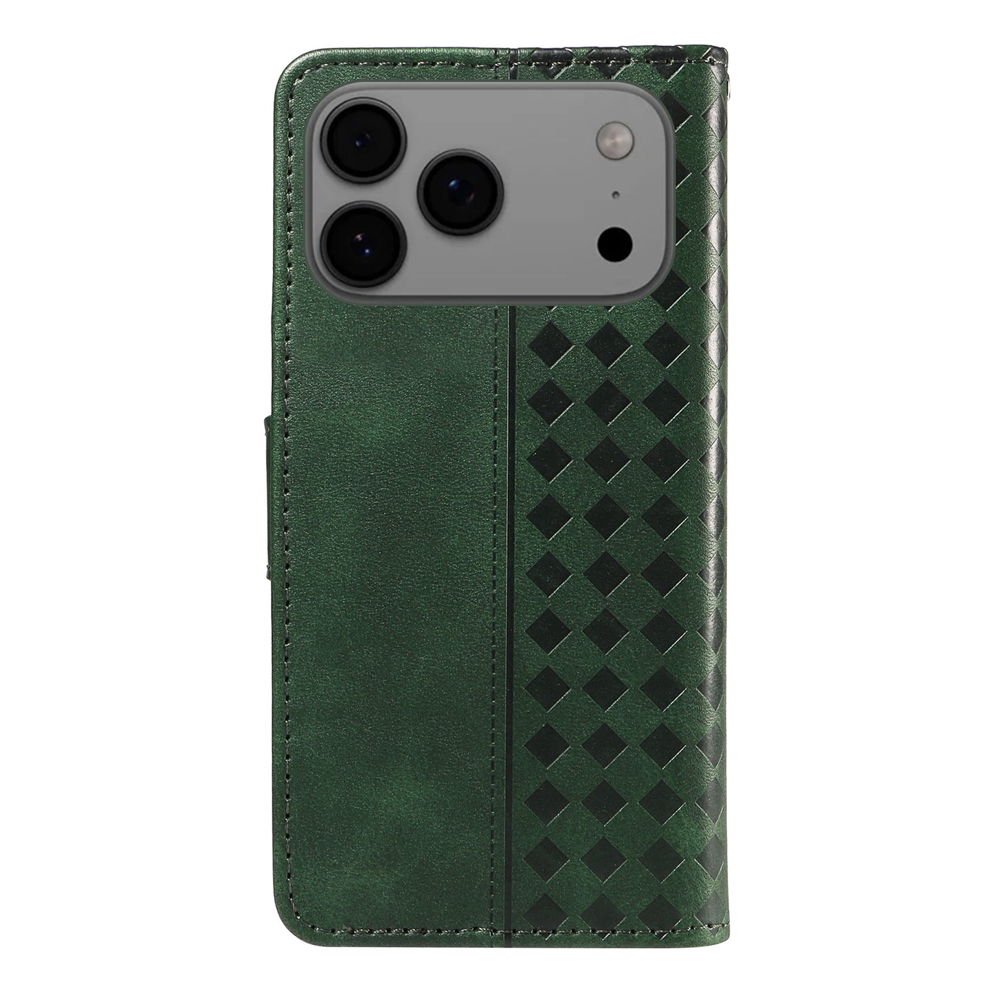 For iPhone 17 Pro Max Leather Case Wallet Stand Grids Imprinted Phone Cover with Strap - Green
