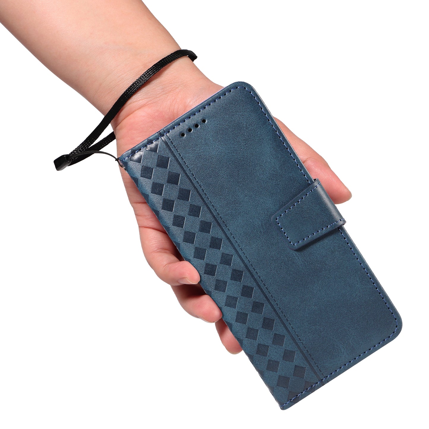 For iPhone 17 Pro Max Leather Case Wallet Stand Grids Imprinted Phone Cover with Strap - Blue