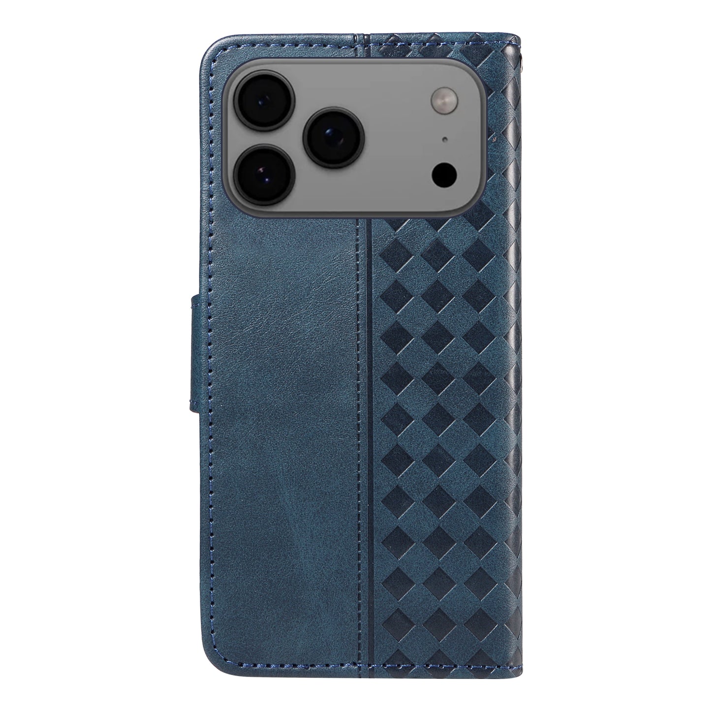 For iPhone 17 Pro Max Leather Case Wallet Stand Grids Imprinted Phone Cover with Strap - Blue