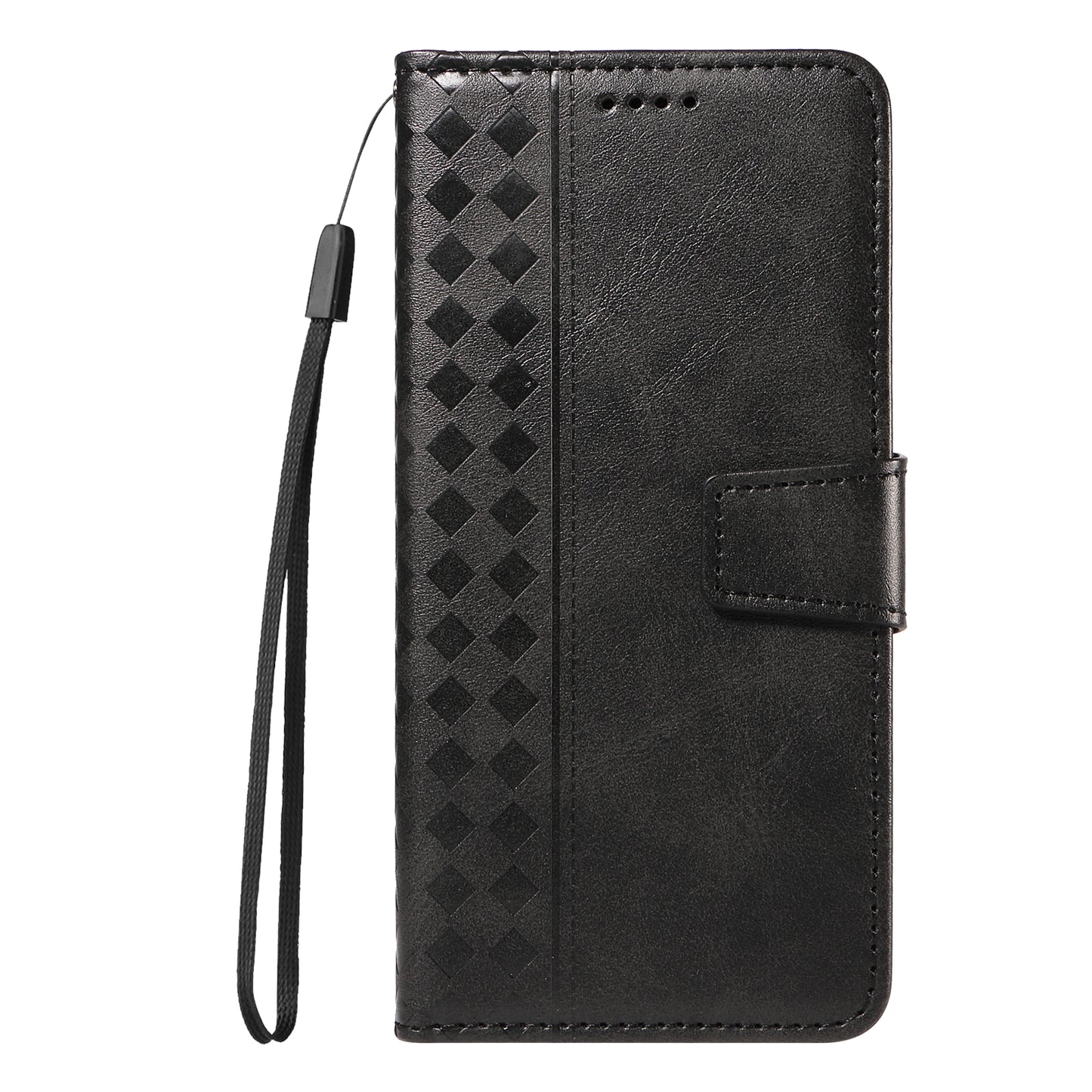 For iPhone 17 Pro Max Leather Case Wallet Stand Grids Imprinted Phone Cover with Strap - Black