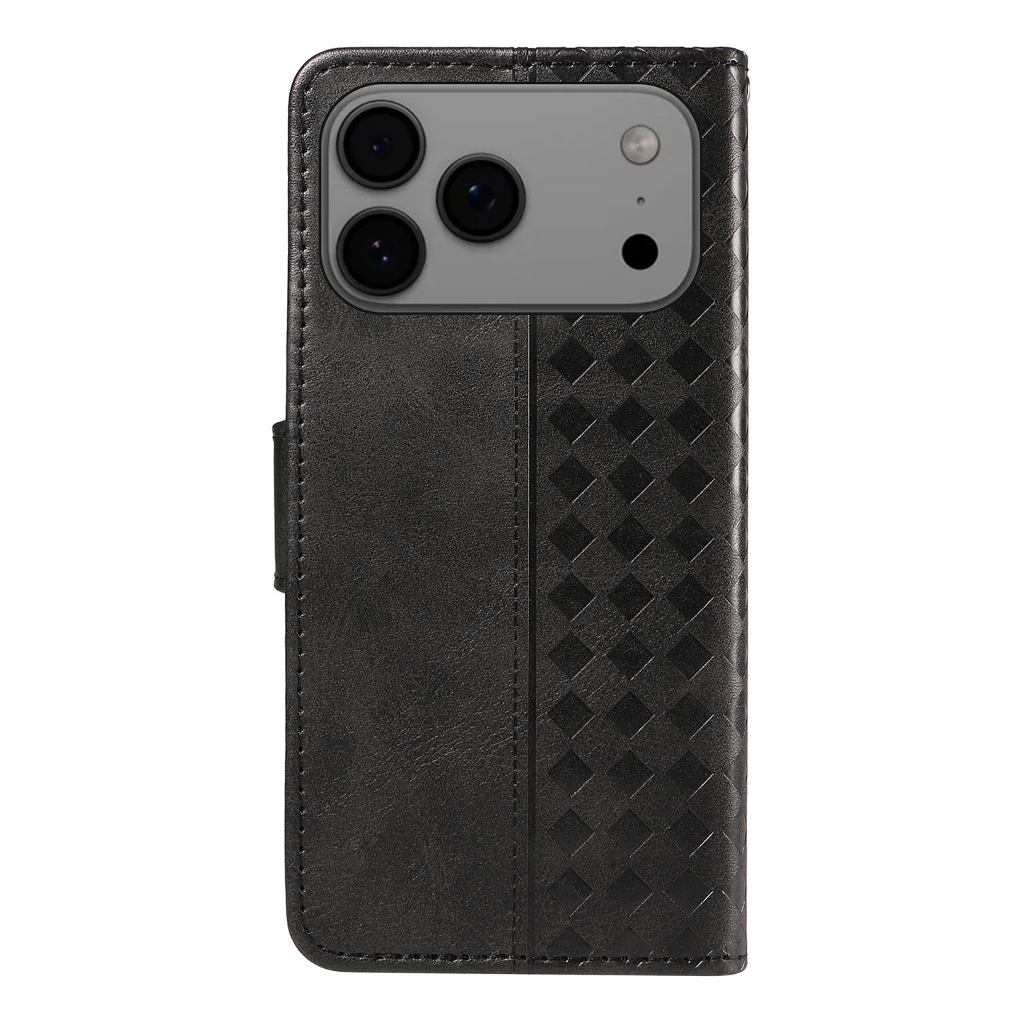 For iPhone 17 Pro Max Leather Case Wallet Stand Grids Imprinted Phone Cover with Strap - Black