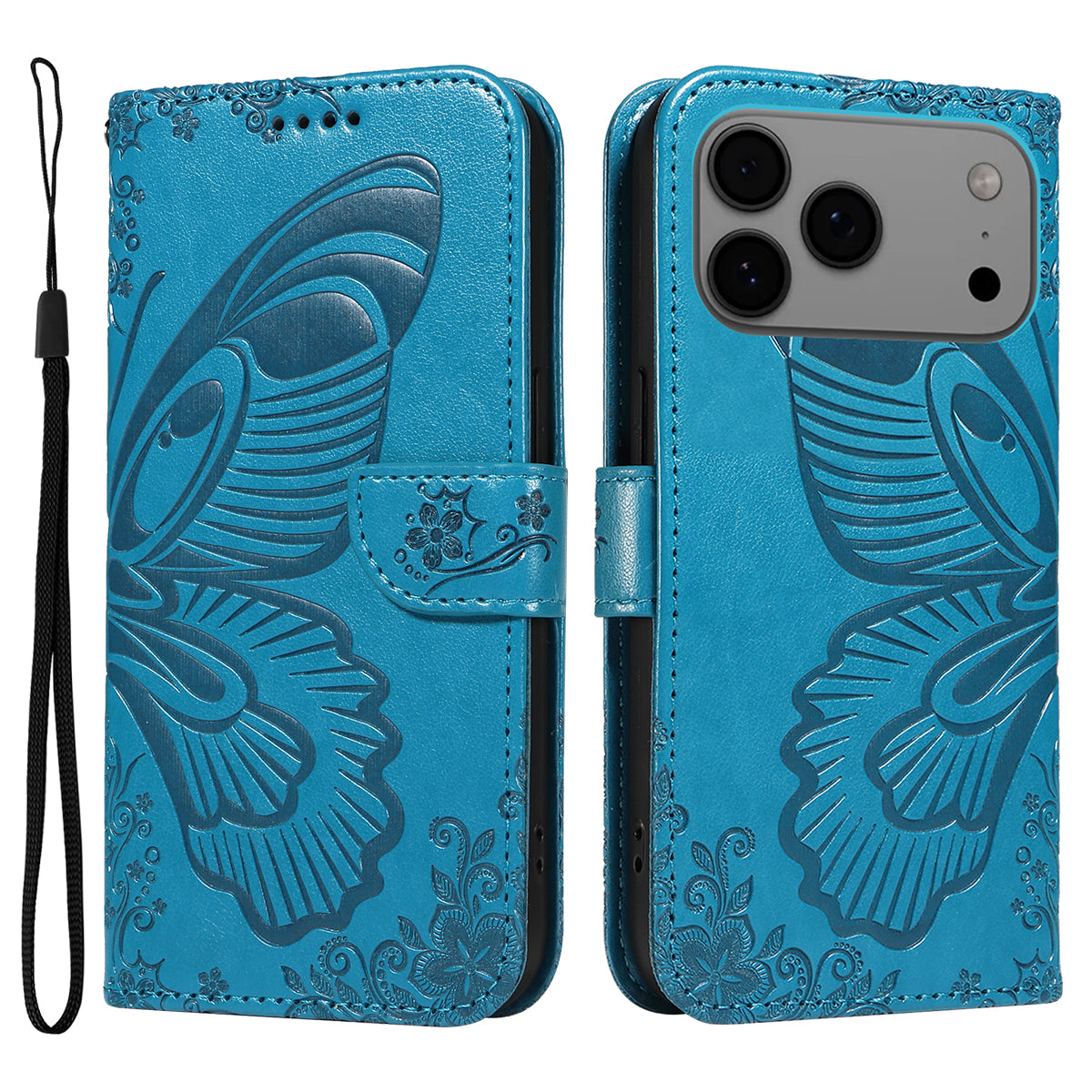 For iPhone 17 Pro Max Case Butterfly Pattern PU Leather Folio Flip Phone Cover - Blue