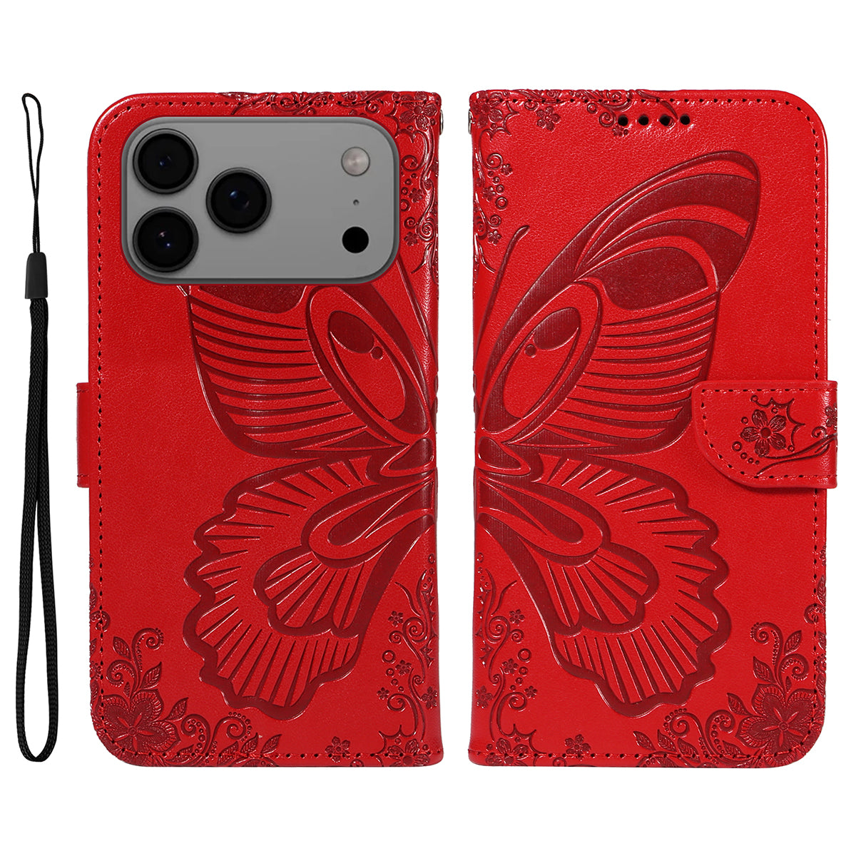 For iPhone 17 Pro Max Case Butterfly Pattern PU Leather Folio Flip Phone Cover - Red