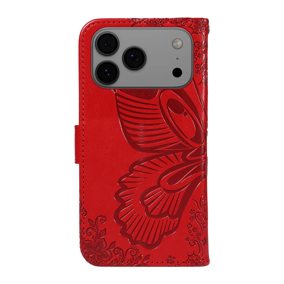 For iPhone 17 Pro Max Case Butterfly Pattern PU Leather Folio Flip Phone Cover - Red