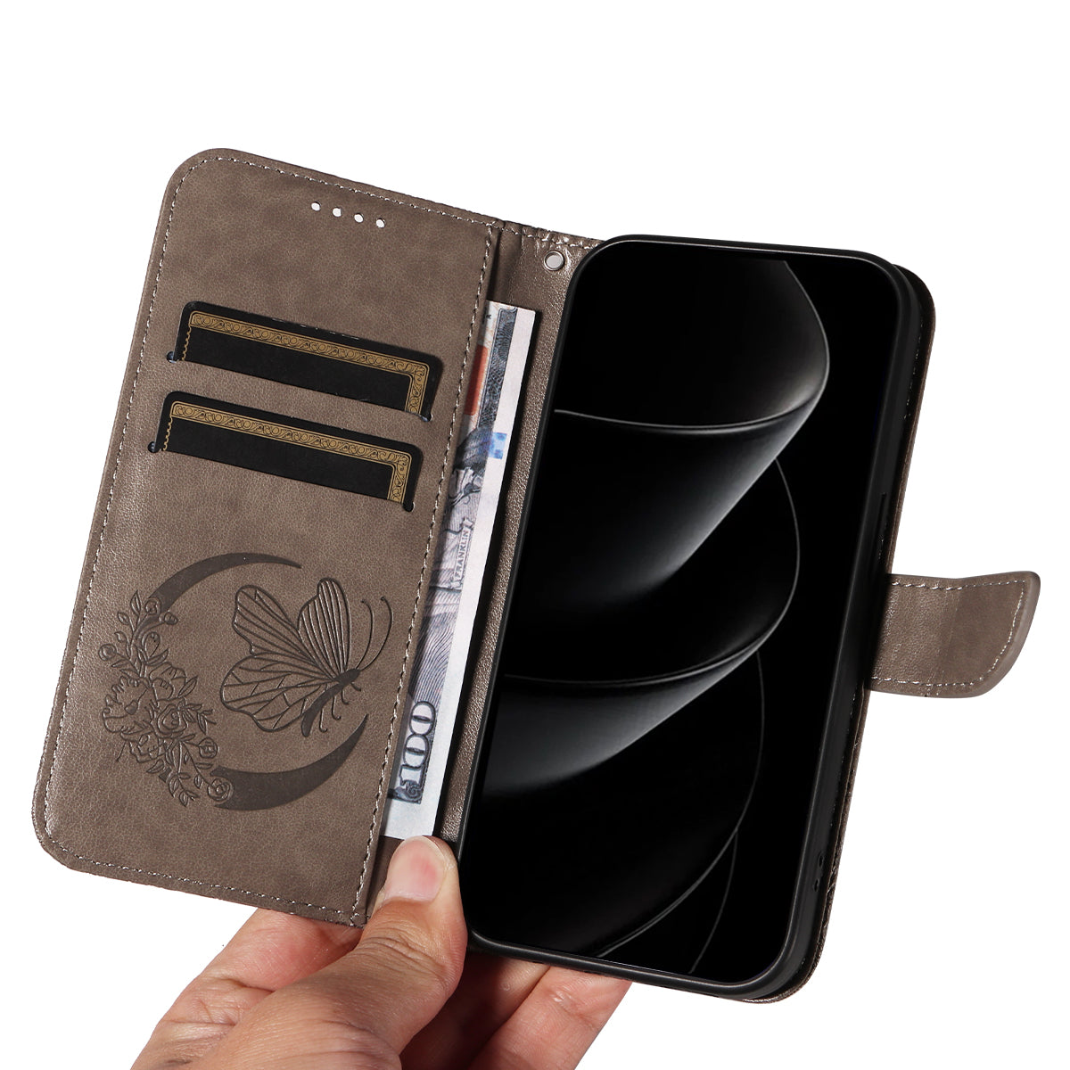 For iPhone 17 Pro Max Case Butterfly Pattern PU Leather Folio Flip Phone Cover - Grey