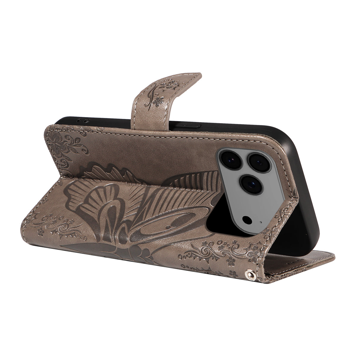 For iPhone 17 Pro Max Case Butterfly Pattern PU Leather Folio Flip Phone Cover - Grey