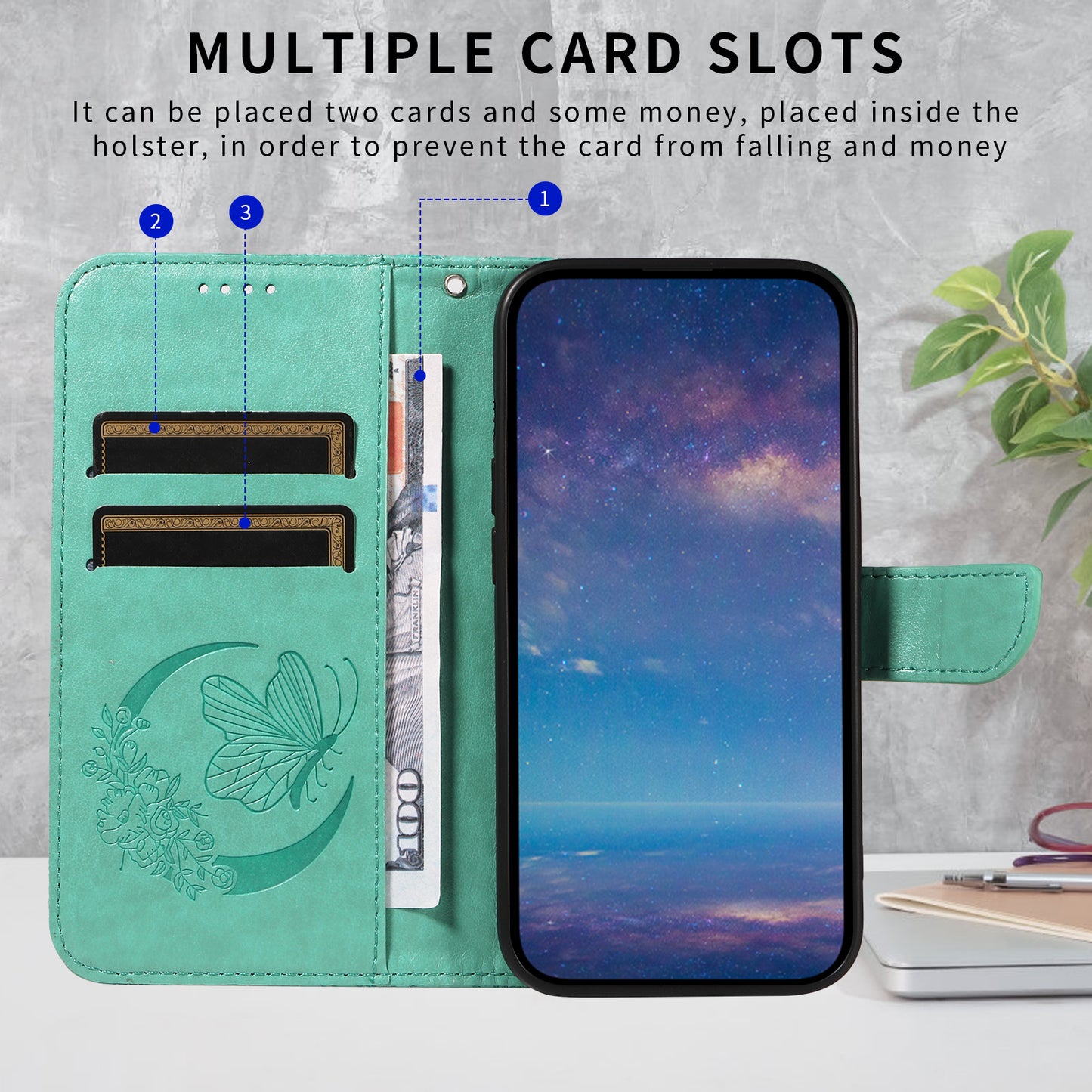 For iPhone 17 Pro Max Case Butterfly Pattern PU Leather Folio Flip Phone Cover -  Green