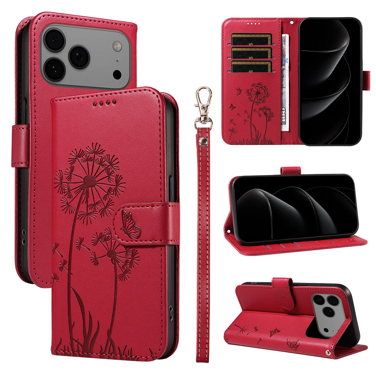 For iPhone 17 Pro Max Leather Wallet Case with Strap Dandelion Imprint Phone Stand Cover - Red