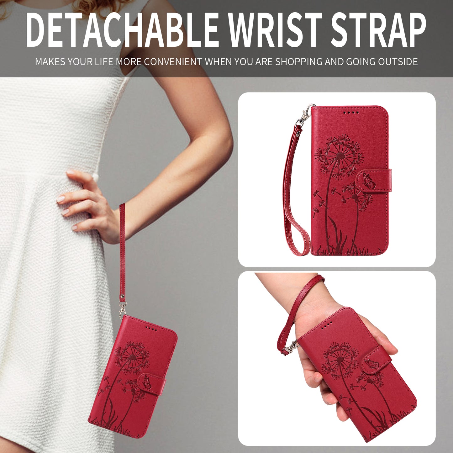 For iPhone 17 Pro Max Leather Wallet Case with Strap Dandelion Imprint Phone Stand Cover - Red