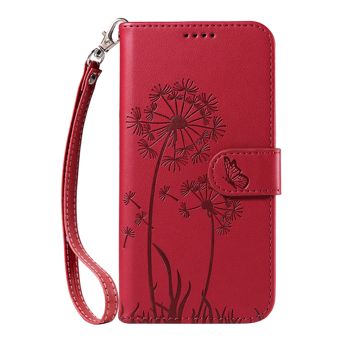 For iPhone 17 Pro Max Leather Wallet Case with Strap Dandelion Imprint Phone Stand Cover - Red