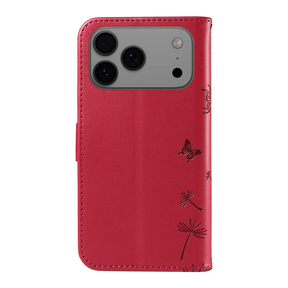 For iPhone 17 Pro Max Leather Wallet Case with Strap Dandelion Imprint Phone Stand Cover - Red