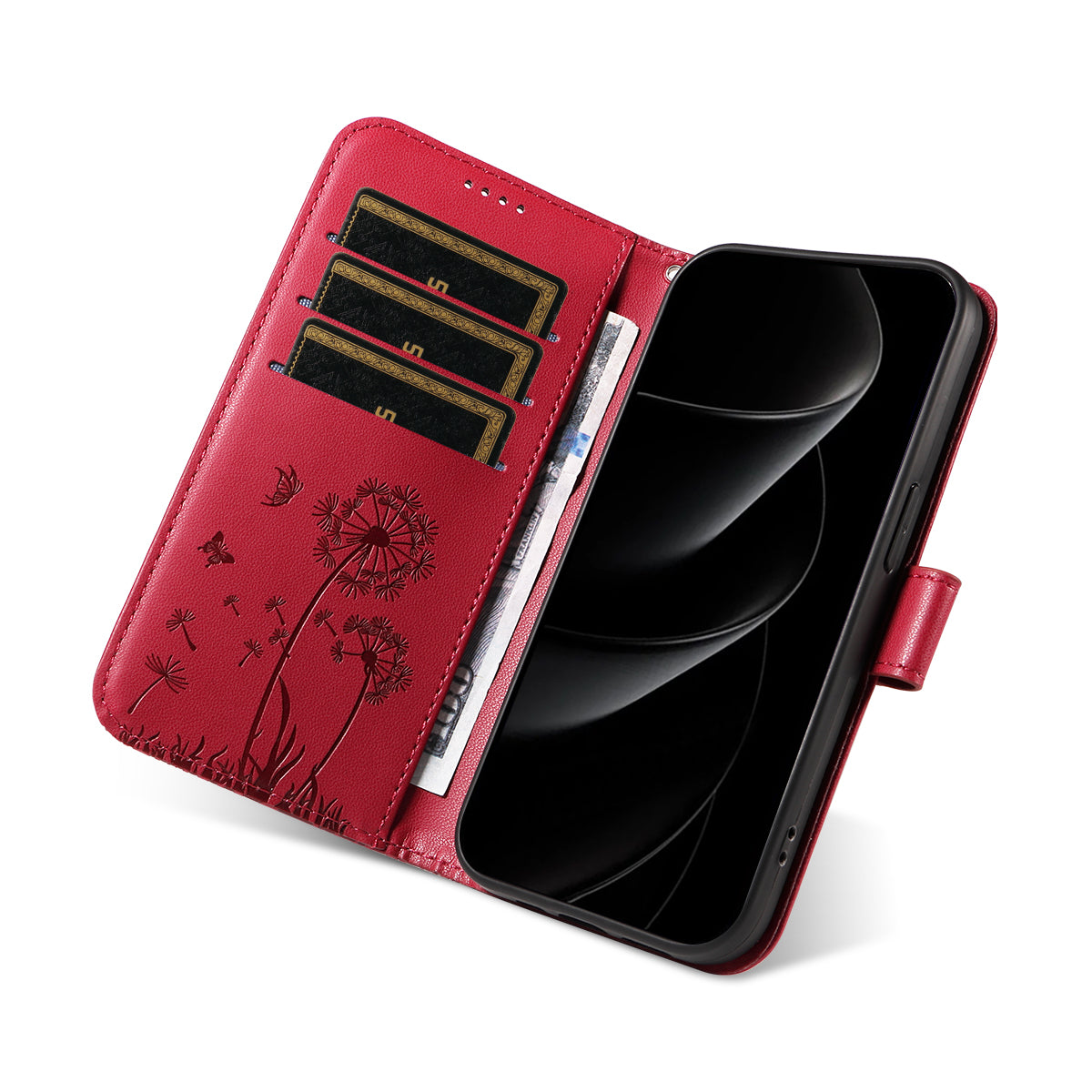 For iPhone 17 Pro Max Leather Wallet Case with Strap Dandelion Imprint Phone Stand Cover - Red