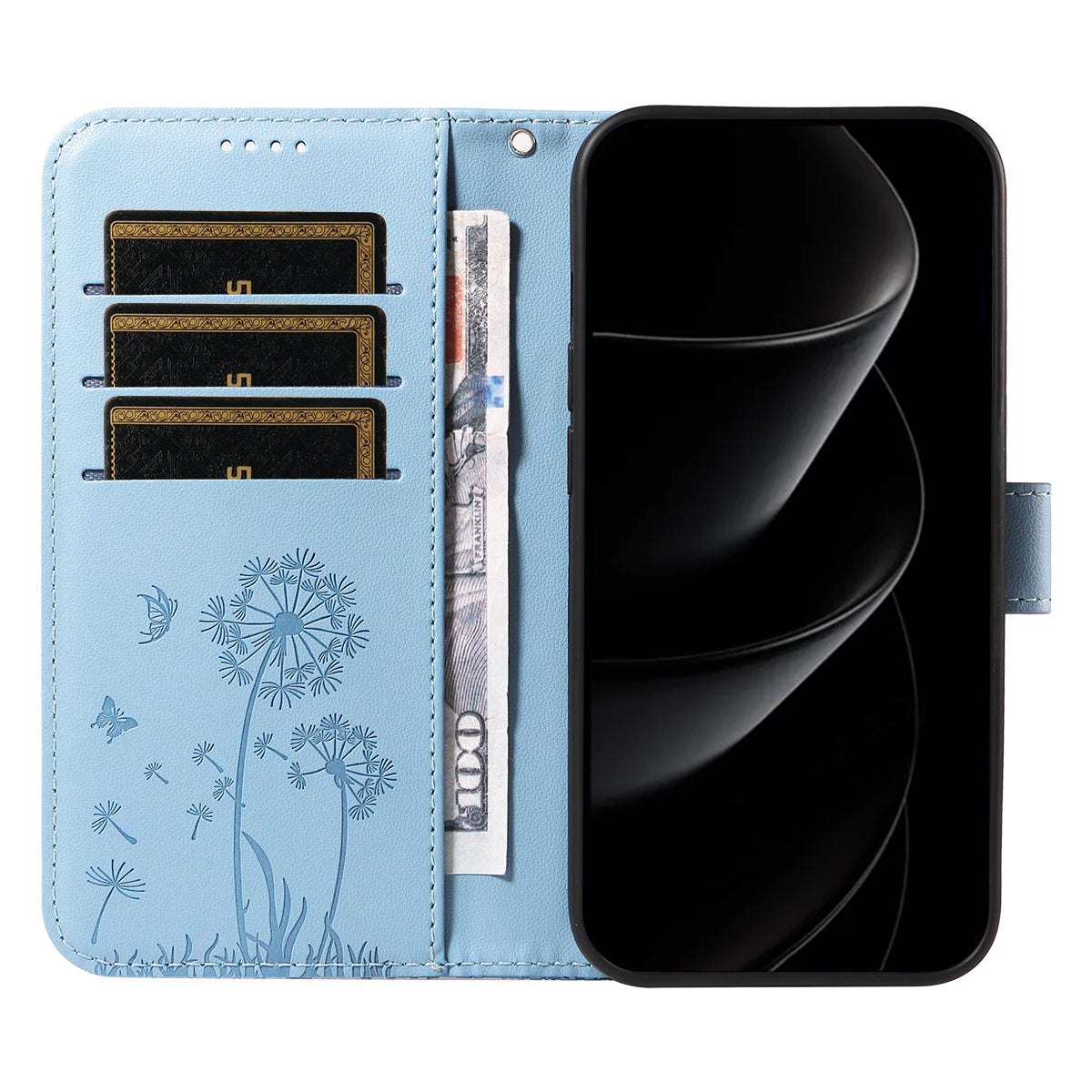 For iPhone 17 Pro Max Leather Wallet Case with Strap Dandelion Imprint Phone Stand Cover - Sky Blue