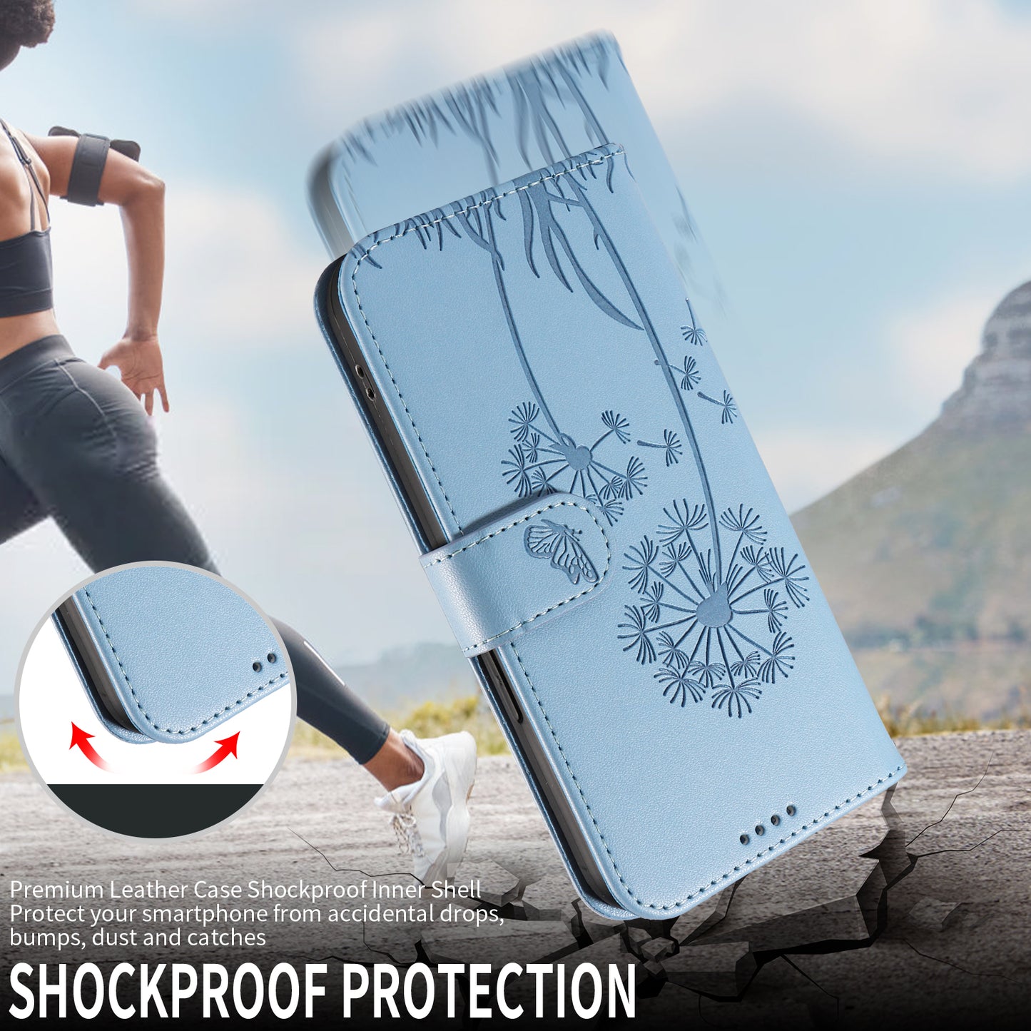 For iPhone 17 Pro Max Leather Wallet Case with Strap Dandelion Imprint Phone Stand Cover - Sky Blue