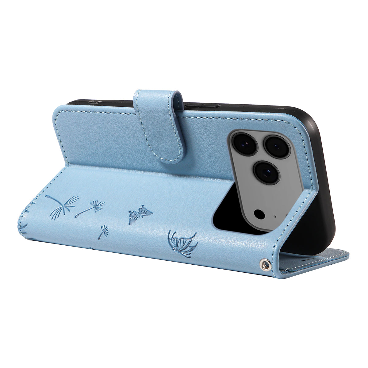 For iPhone 17 Pro Max Leather Wallet Case with Strap Dandelion Imprint Phone Stand Cover - Sky Blue