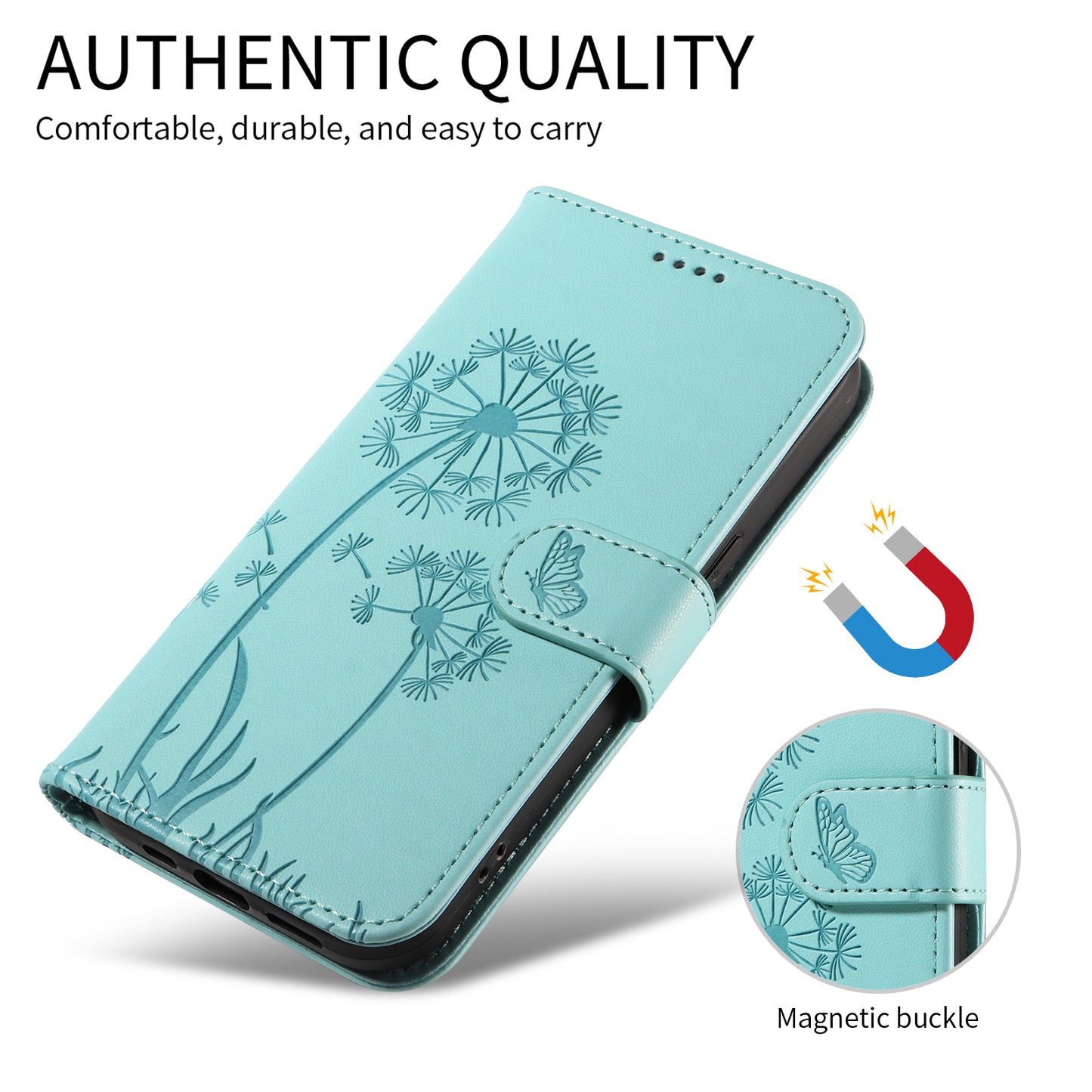 For iPhone 17 Pro Max Leather Wallet Case with Strap Dandelion Imprint Phone Stand Cover - Green