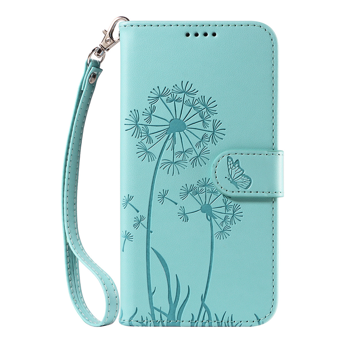 For iPhone 17 Pro Max Leather Wallet Case with Strap Dandelion Imprint Phone Stand Cover - Green