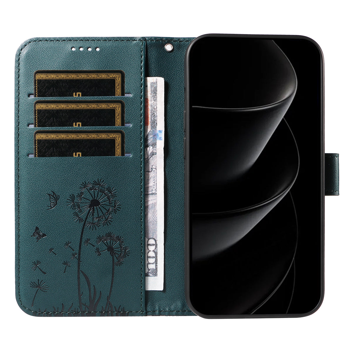 For iPhone 17 Pro Max Leather Wallet Case with Strap Dandelion Imprint Phone Stand Cover - Blue