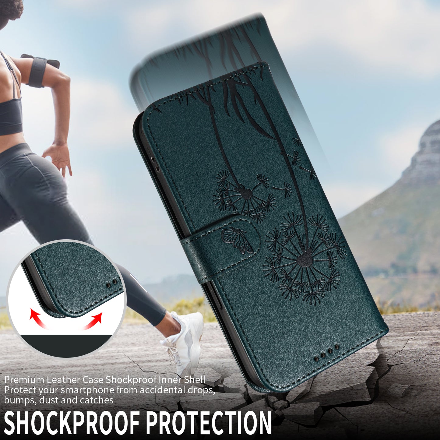 For iPhone 17 Pro Max Leather Wallet Case with Strap Dandelion Imprint Phone Stand Cover - Blue