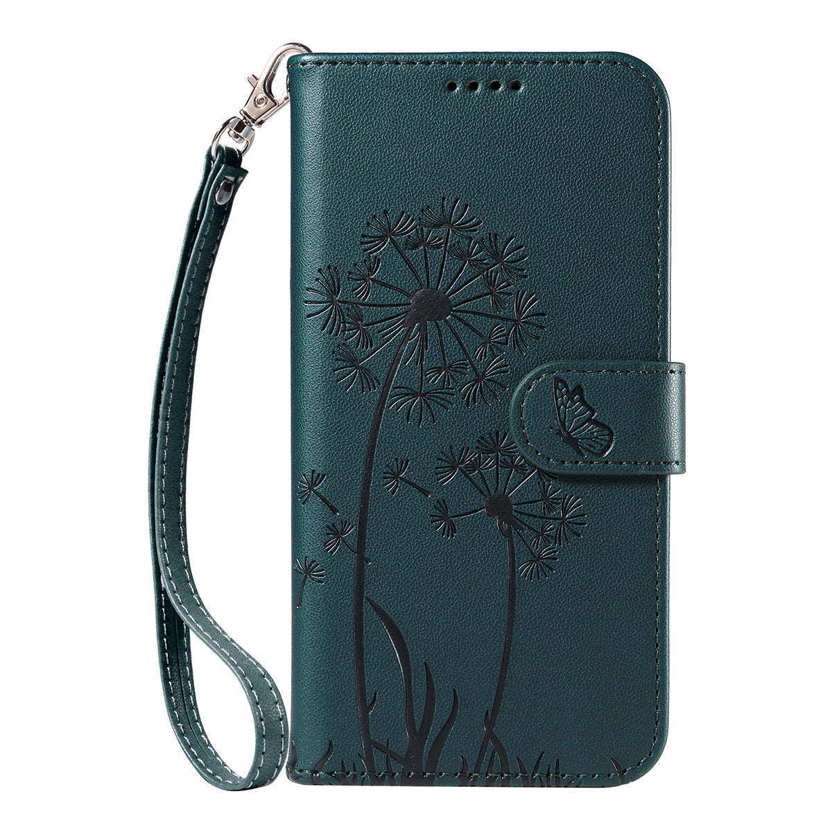 For iPhone 17 Pro Max Leather Wallet Case with Strap Dandelion Imprint Phone Stand Cover - Blue