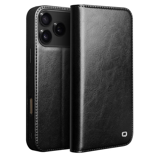 QIALINO For iPhone 17 Pro Max Case Wallet Stand Genuine Cow Leather Phone Cover - Black