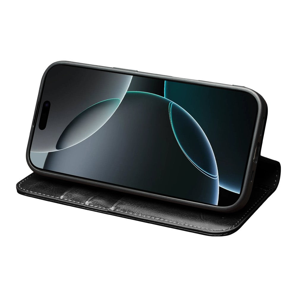 QIALINO For iPhone 17 Pro Max Case Wallet Stand Genuine Cow Leather Phone Cover - Black