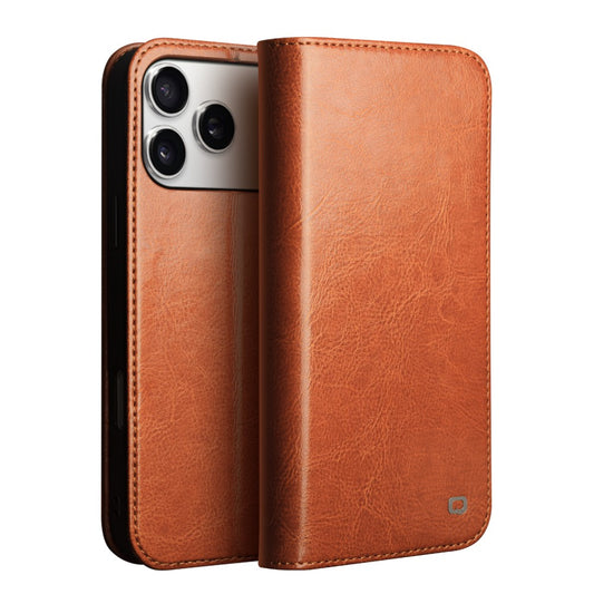 QIALINO For iPhone 17 Pro Max Case Wallet Stand Genuine Cow Leather Phone Cover - Light Brown