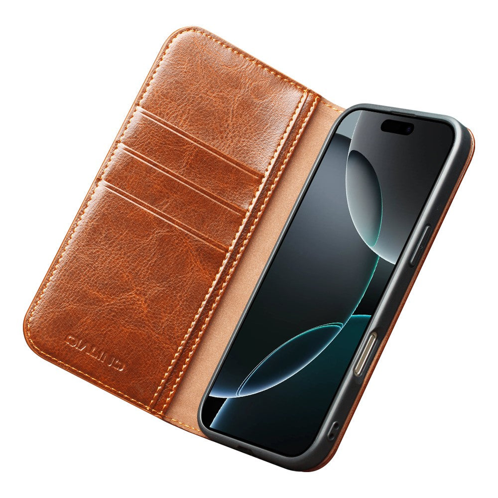 QIALINO For iPhone 17 Pro Max Case Wallet Stand Genuine Cow Leather Phone Cover - Light Brown