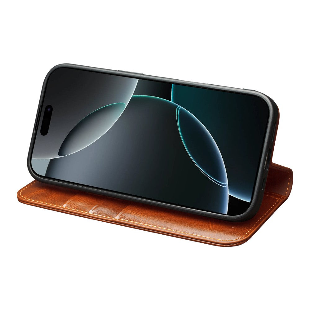 QIALINO For iPhone 17 Pro Max Case Wallet Stand Genuine Cow Leather Phone Cover - Light Brown